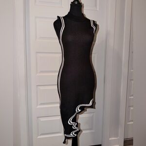 Chic Black Knit Dress with White Contrast Trim (Asymmetrical Hem)
